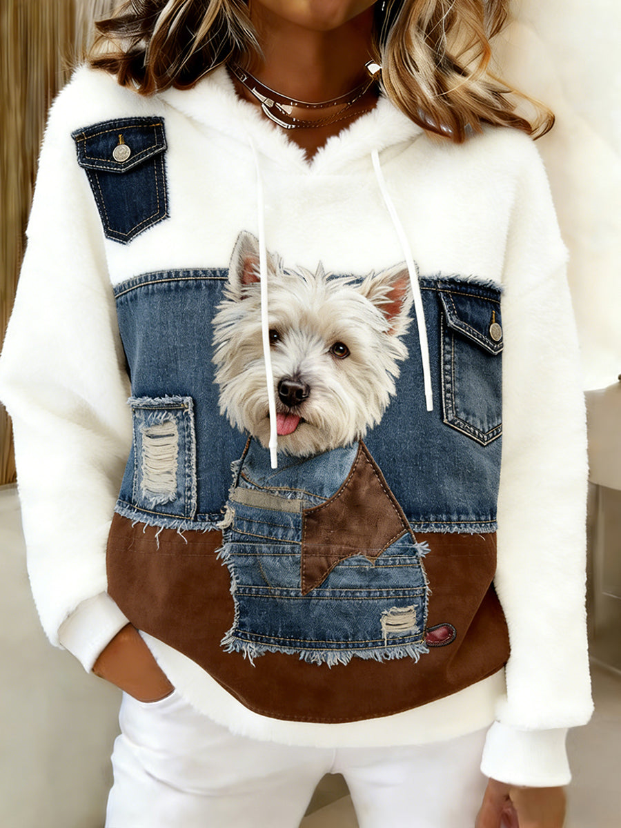 Damska wygodna flanelowa bluza z kapturem Retro Animal Art Print