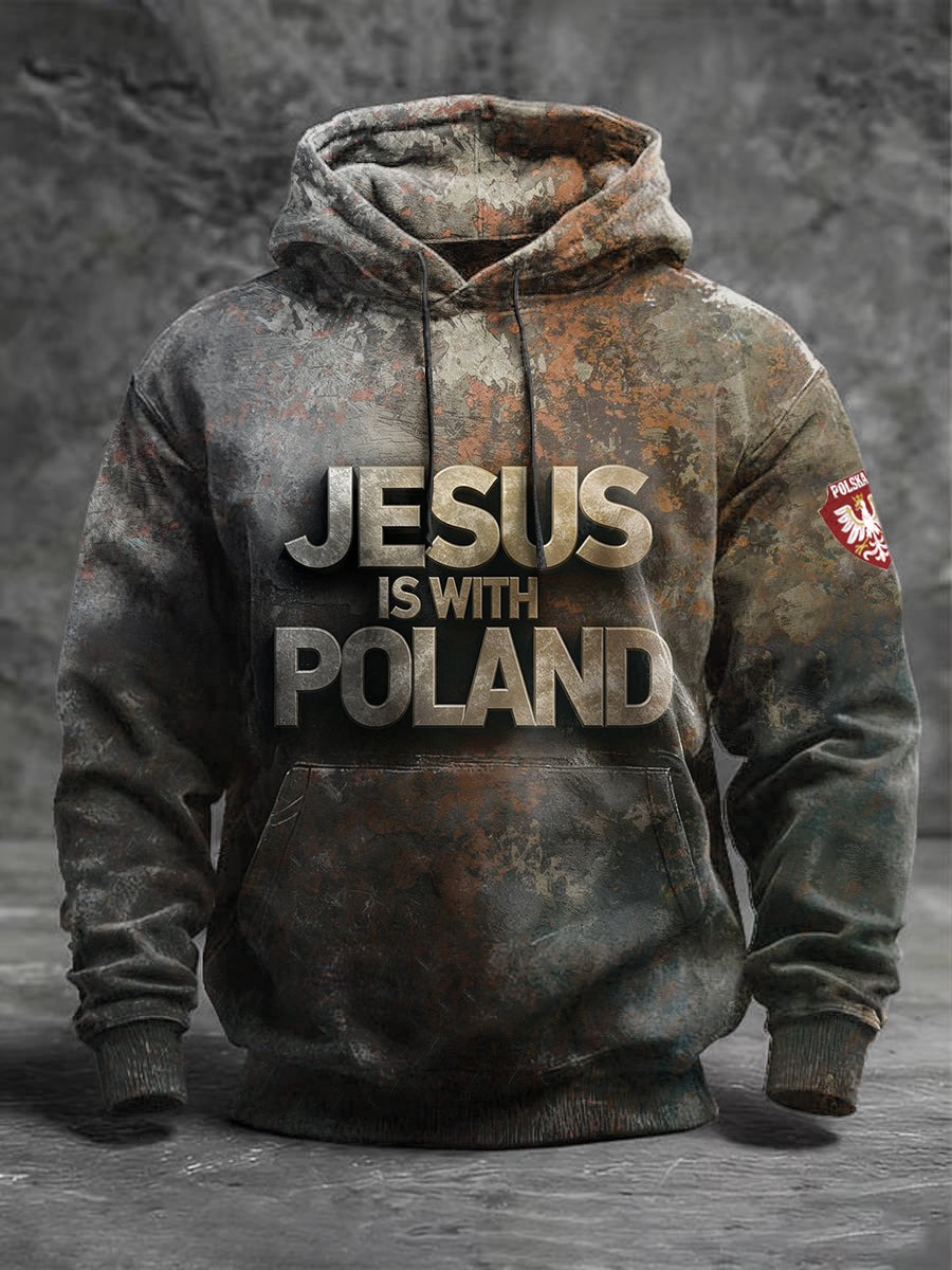 Męska polska bluza z kapturem z nadrukiem tekstowym w stylu vintage