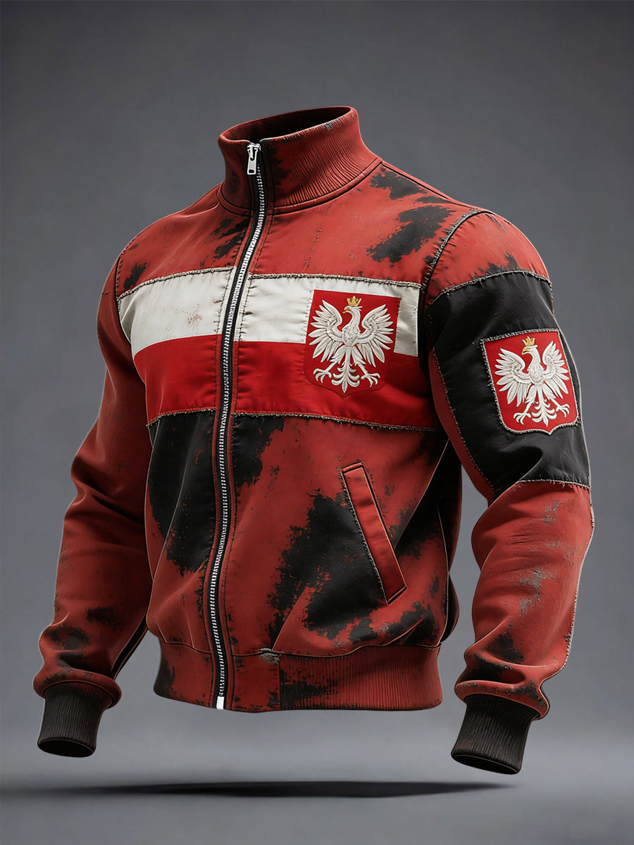 Retro polska flaga patchwork na co dzień Stojący kołnierz Kurtka na zamek błyskawiczny