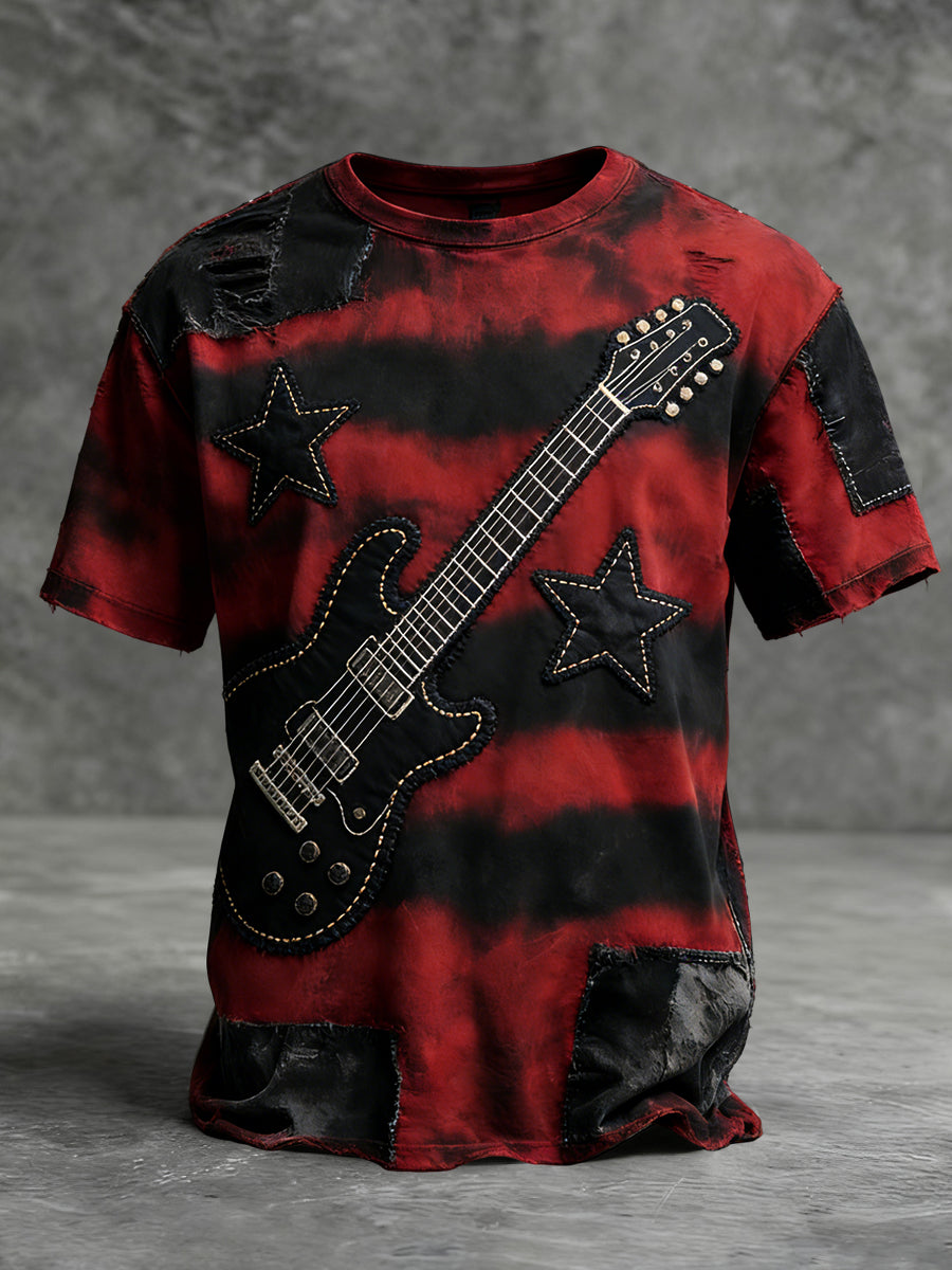 Retro Polski Rock Guitar w paski Casual T-Shirt