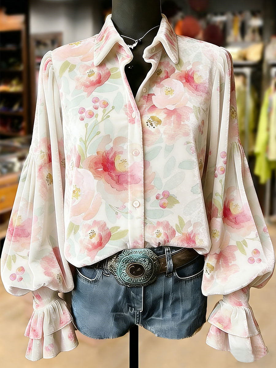 Damskie Retro Rośliny Kwiaty Nadruk Artystyczny Top Z Długim Rękawem