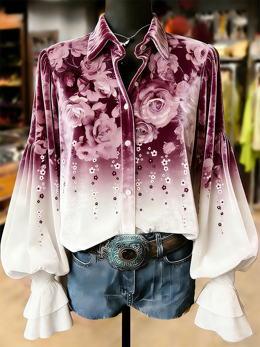 Damskie Retro Rośliny Kwiaty Nadruk Artystyczny Top Z Długim Rękawem