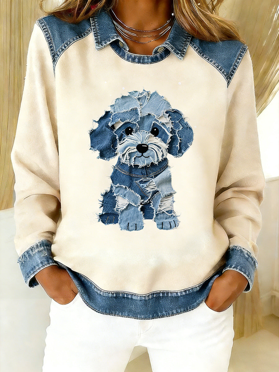 Damski Vintage Denim Patchwork Top z nadrukiem w stylu zwierzęcym, swobodny i wygodny