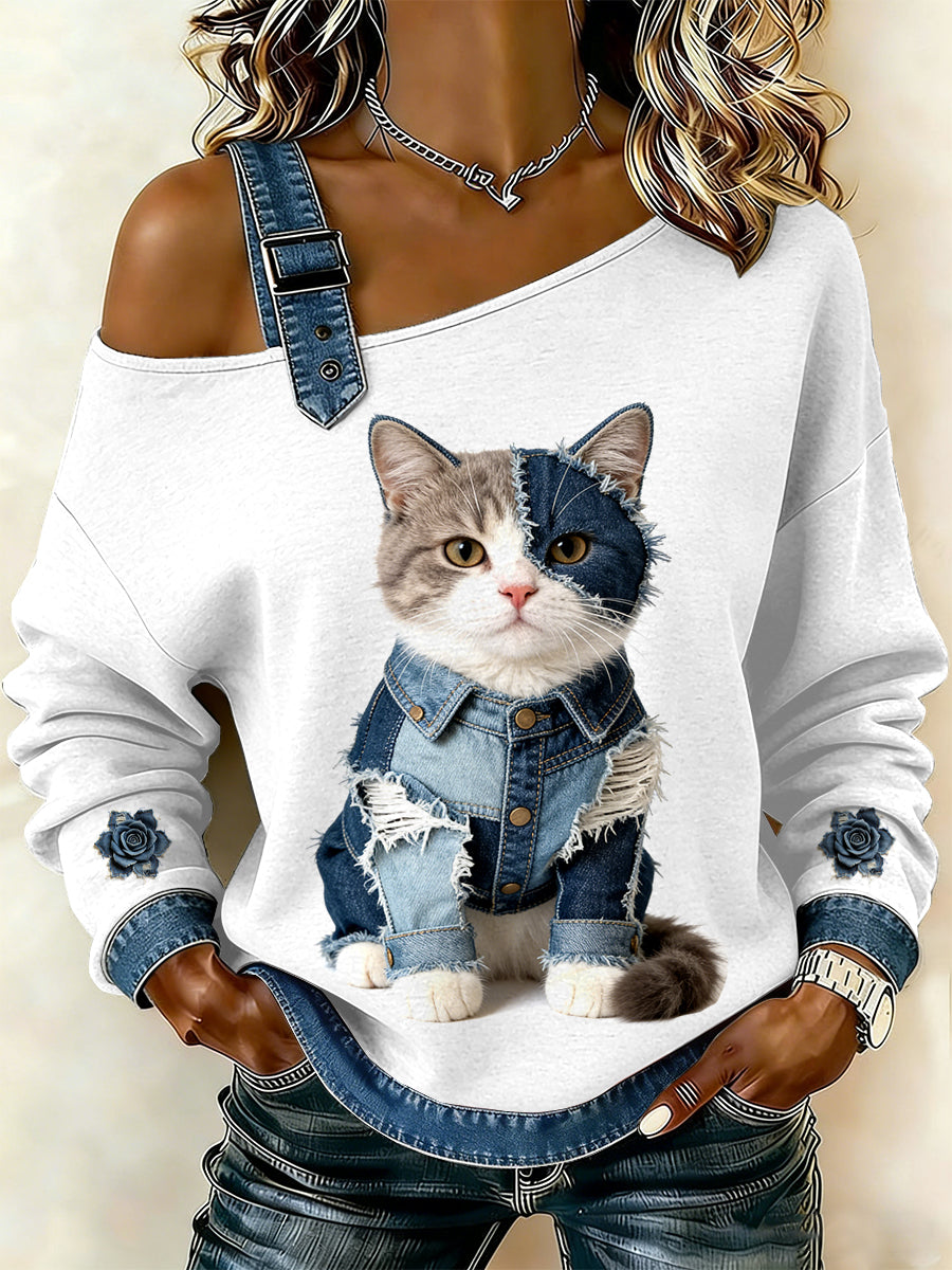 Damska bluza z motywem patchworku w stylu vintage Cat