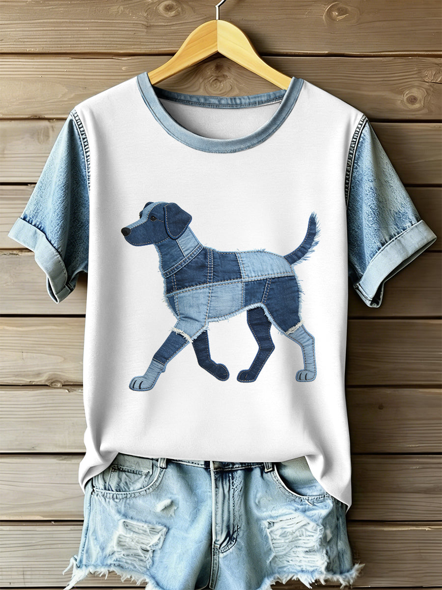Damska koszulka z krótkim rękawem w stylu retro z nadrukiem patchwork
