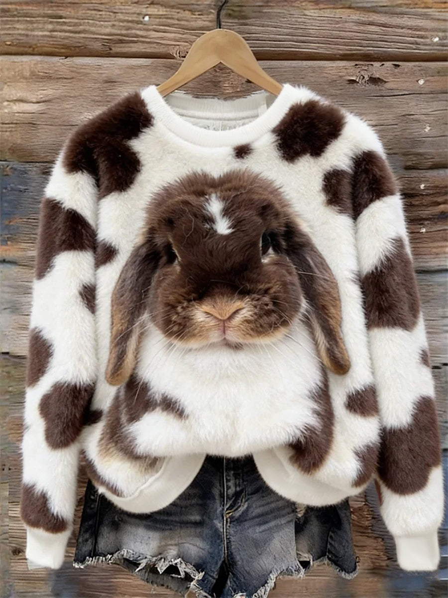 Damska śliczna sztuka króliczka okrągły dekolt Przytulna flanelowa bluza