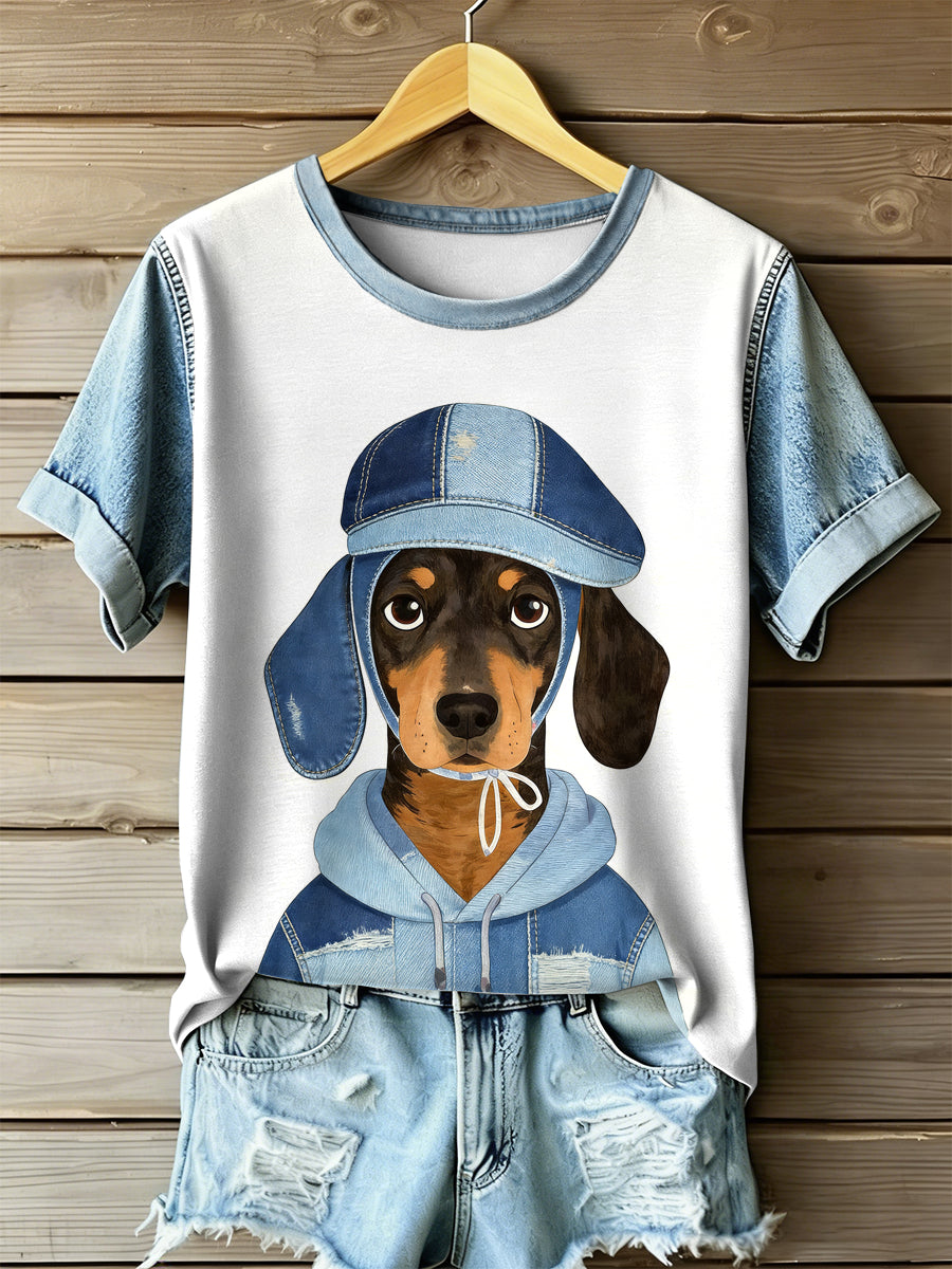 Damska koszulka z krótkim rękawem w stylu retro z nadrukiem patchwork