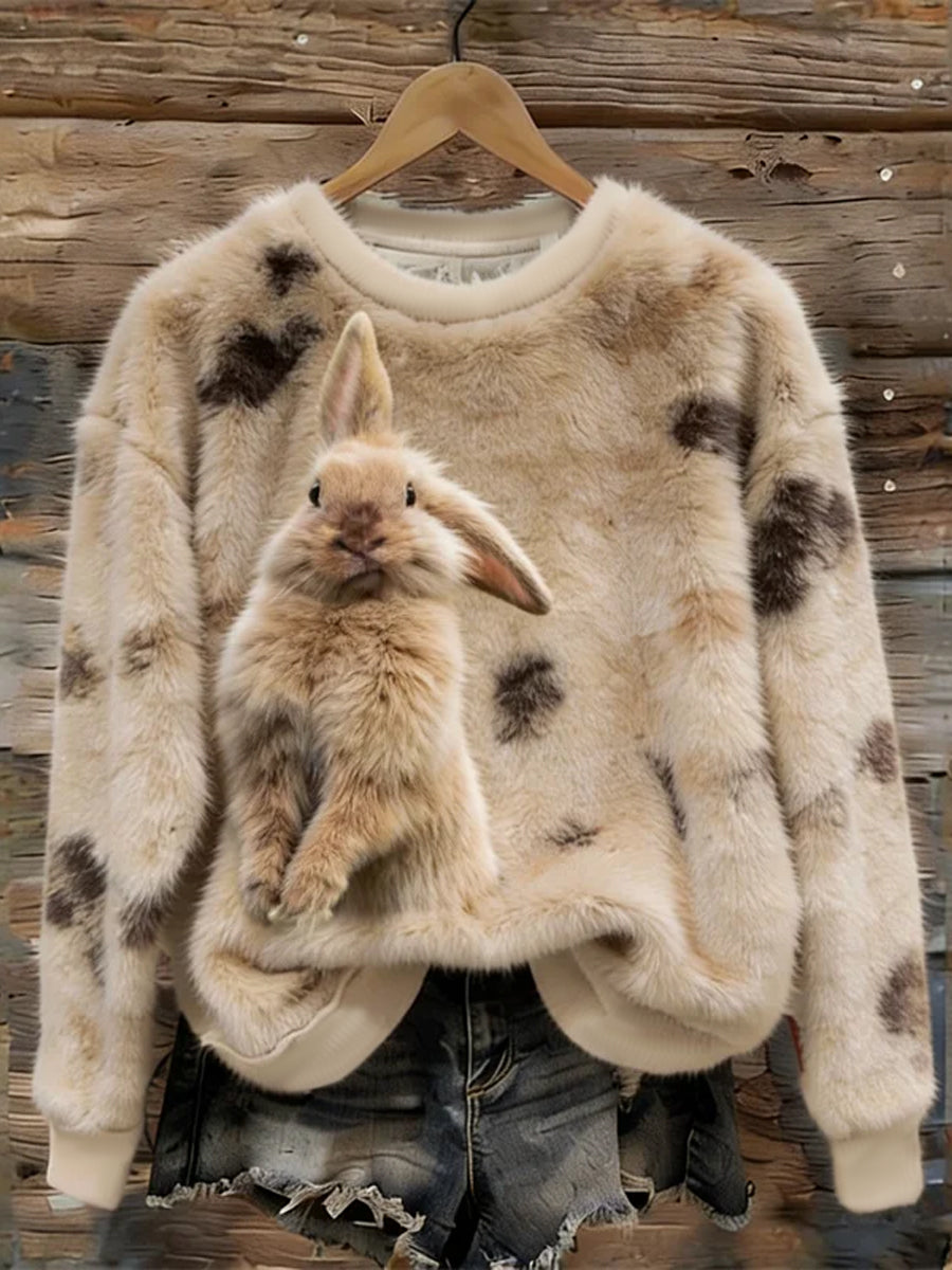 Damska śliczna sztuka króliczka okrągły dekolt Przytulna flanelowa bluza