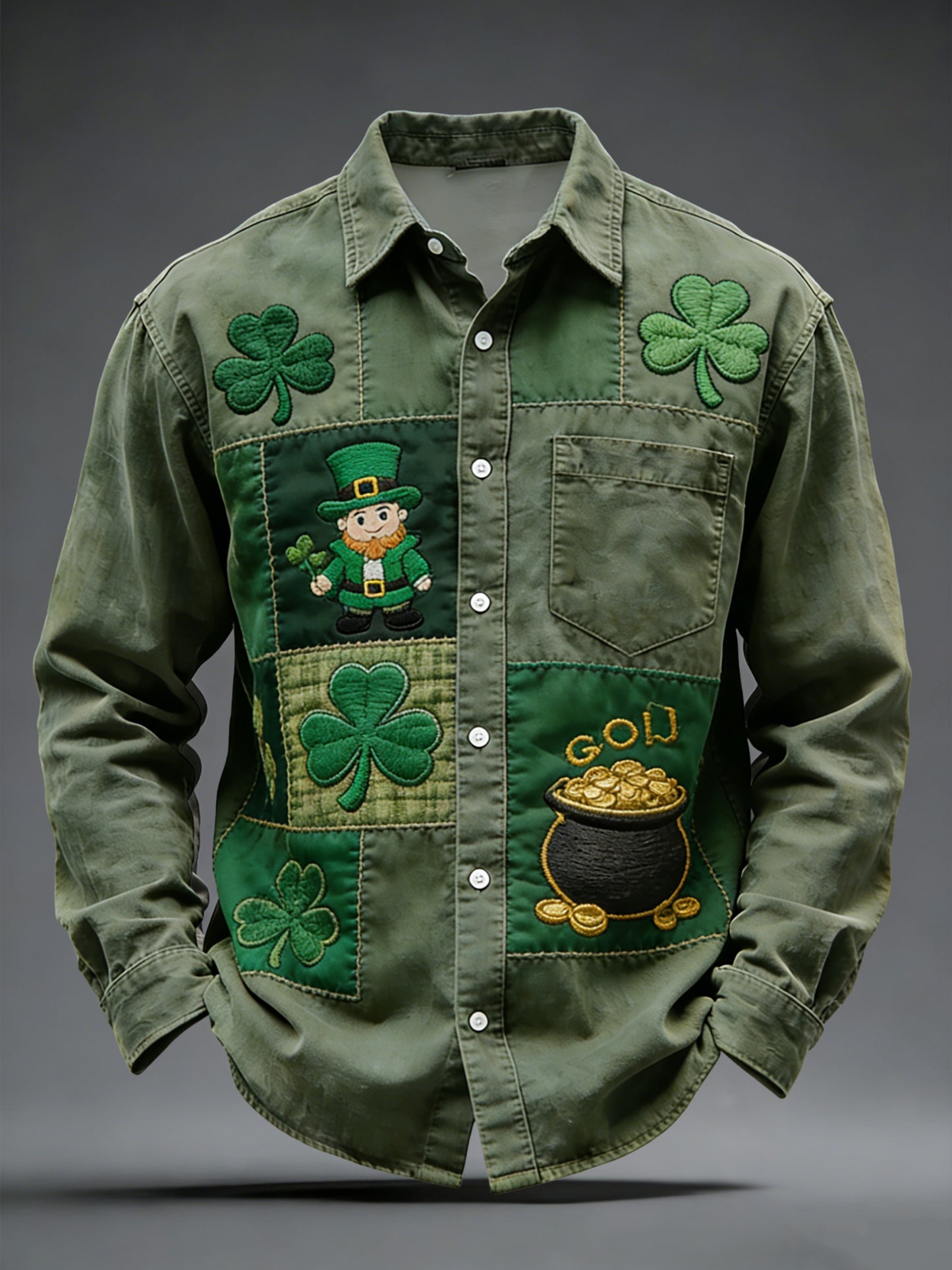 Retro Dzień Świętego Patryka Shamrock Patchwork Casual Shirt