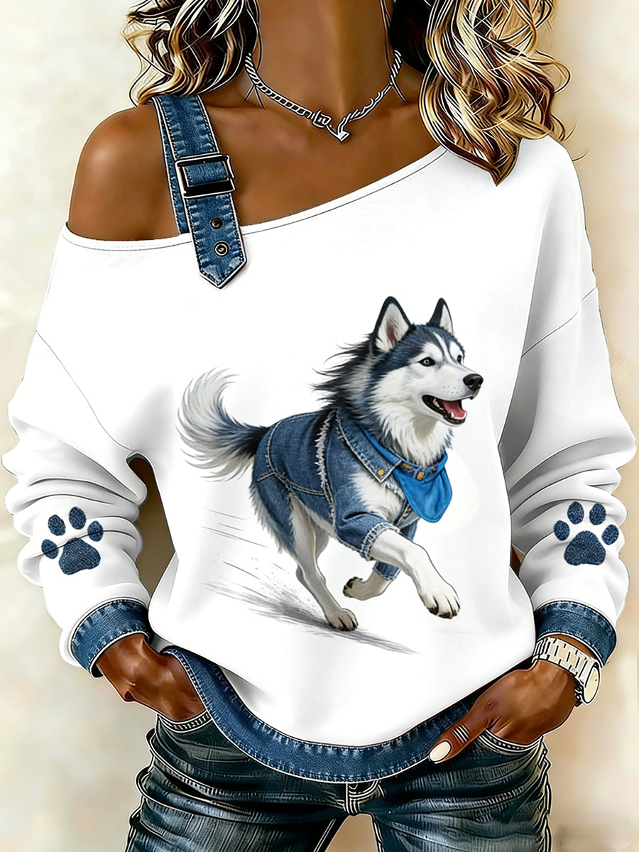 Damski uroczy nadruk zwierzęcy jeansowy patchwork wygodny top