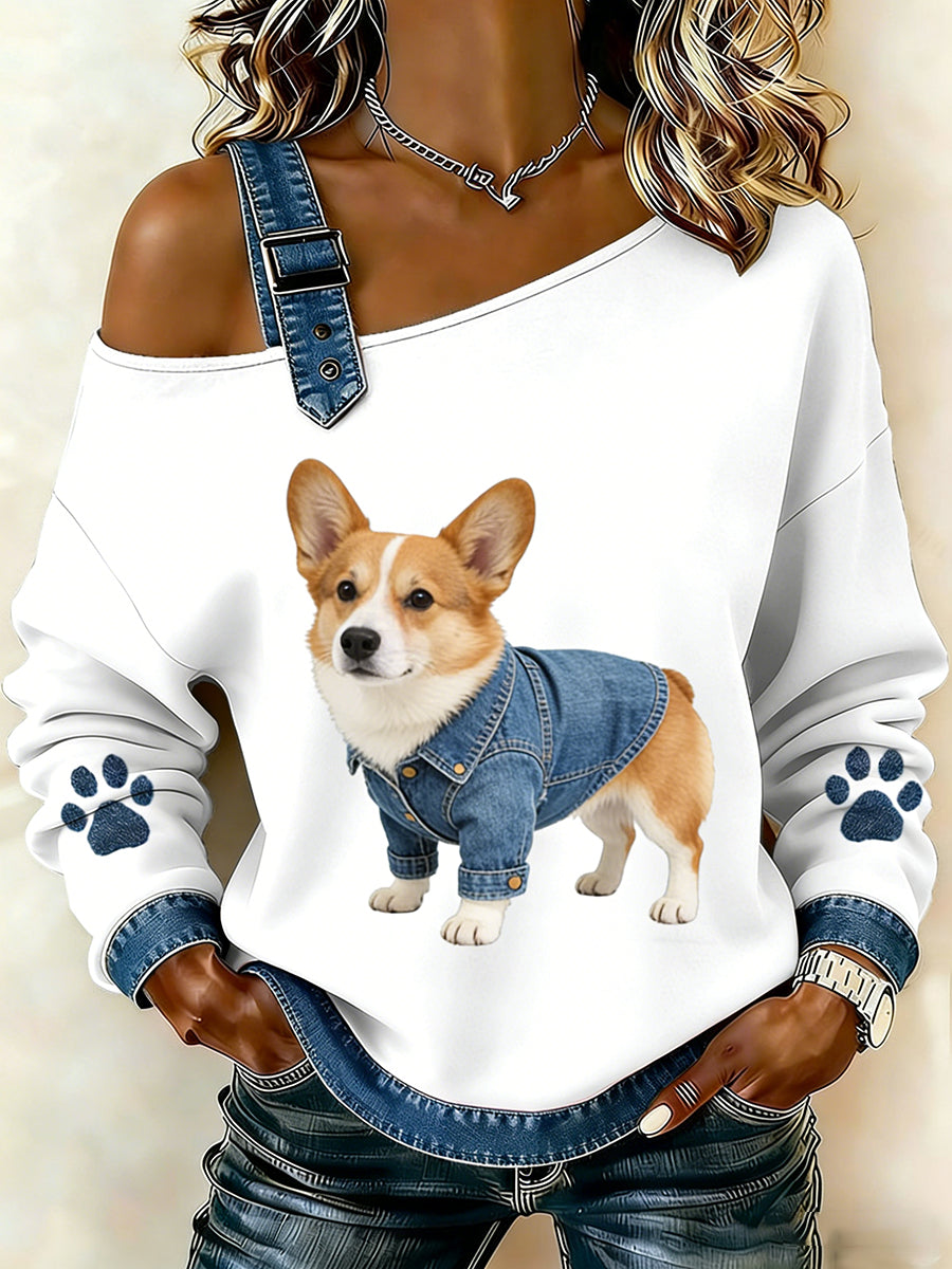 Damski uroczy nadruk zwierzęcy jeansowy patchwork wygodny top