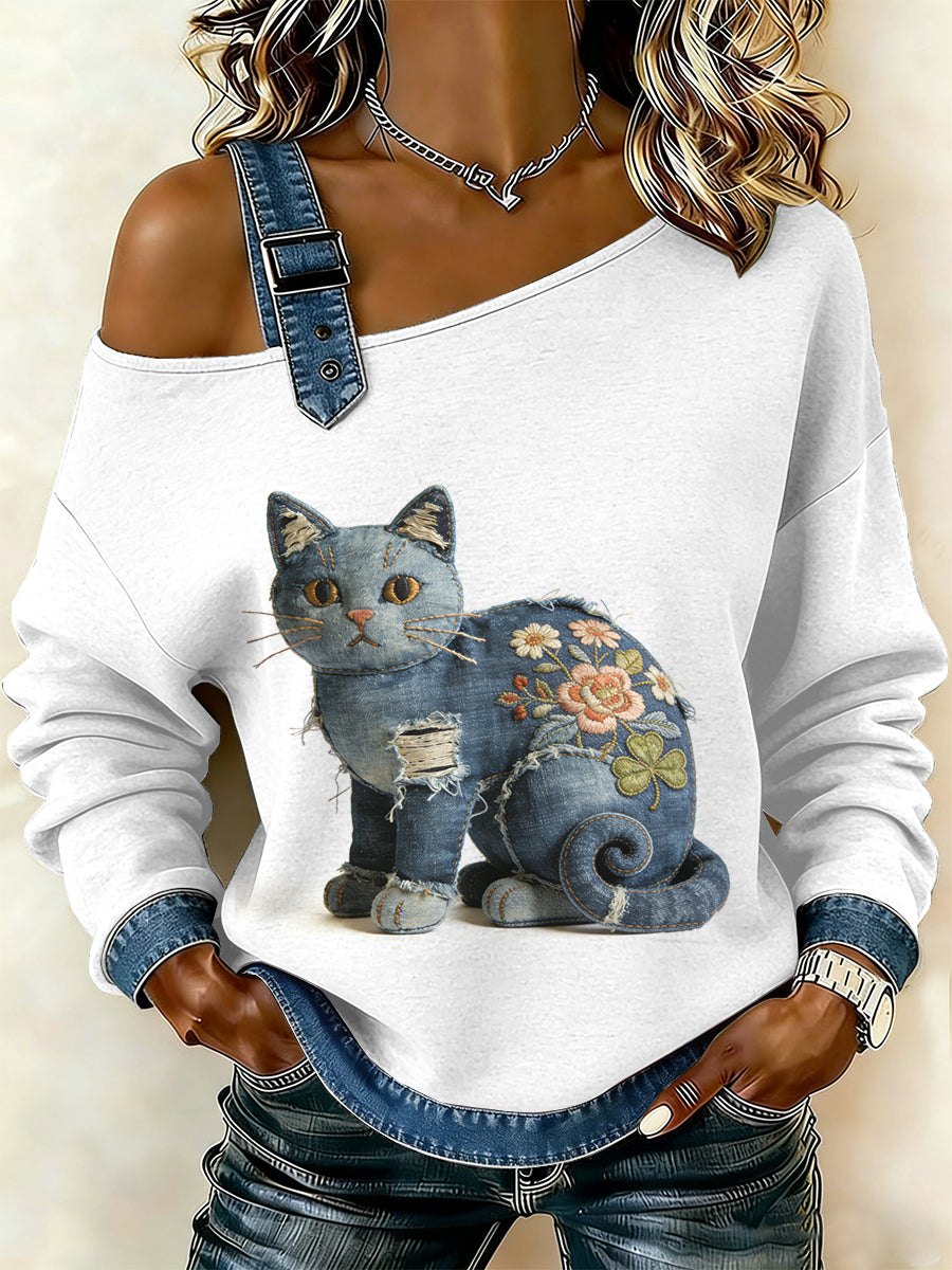 Damska bluza z motywem patchworku w stylu vintage Cat