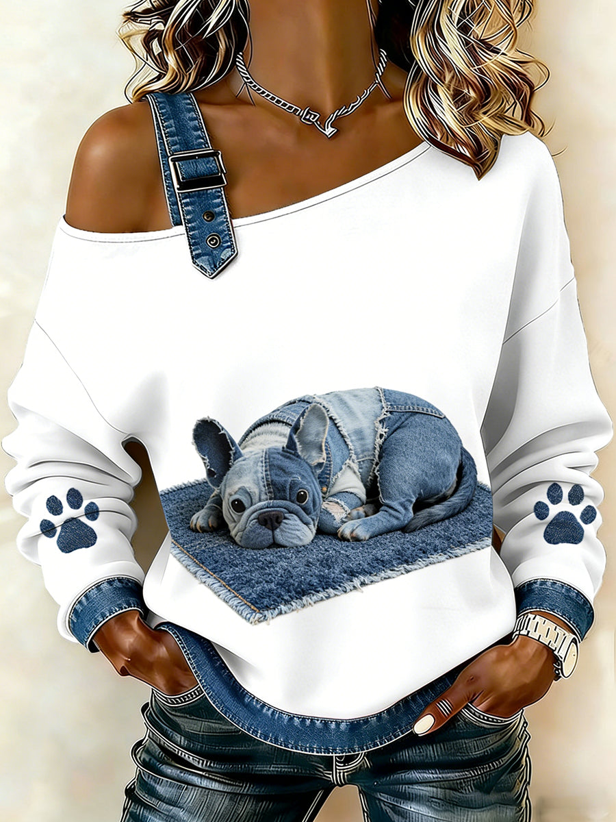 Damski uroczy nadruk zwierzęcy jeansowy patchwork wygodny top