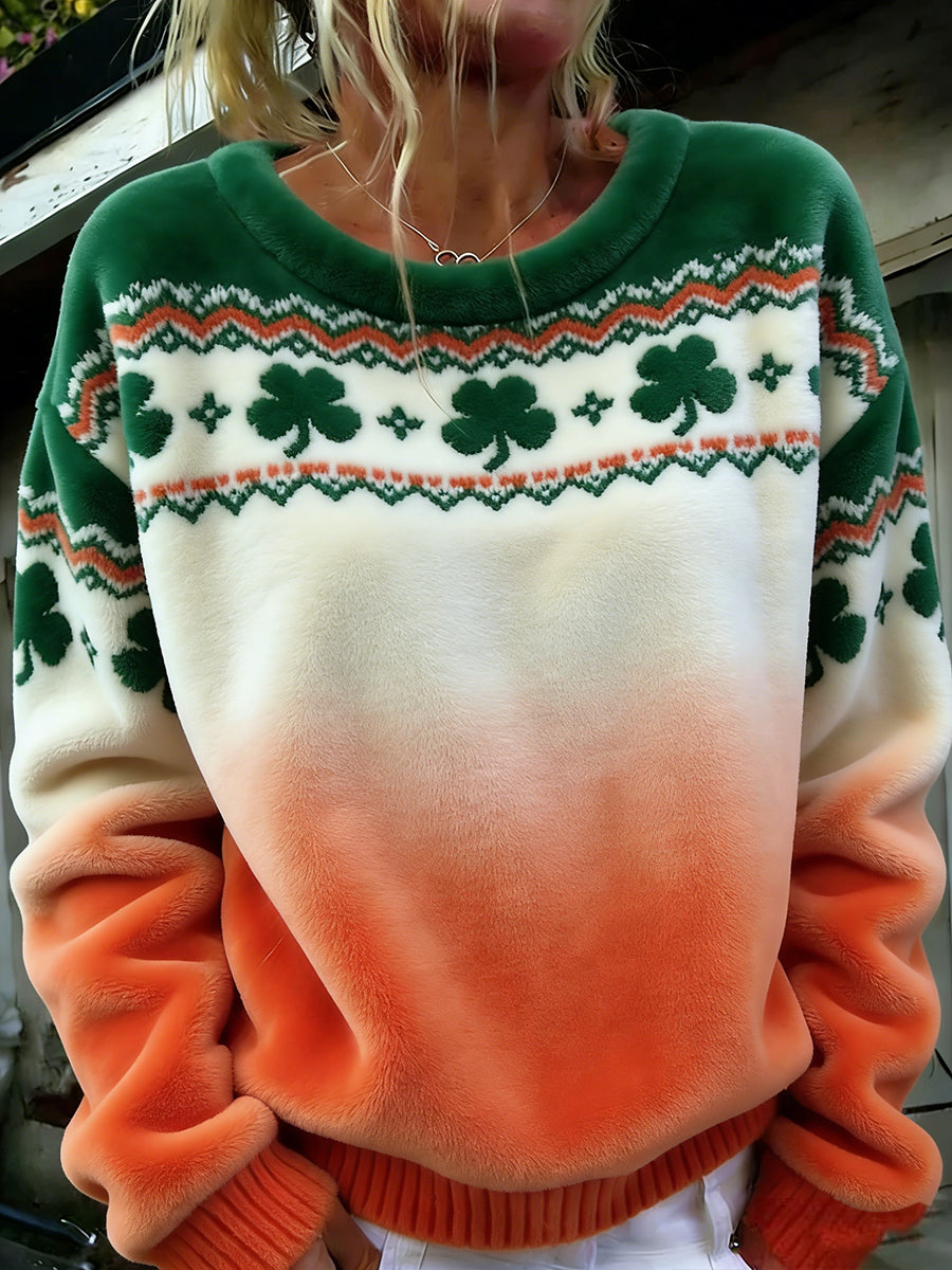 Damski Vintage St. Patrick's Day Four-Leaf Clover Print Wygodny flanelowy top