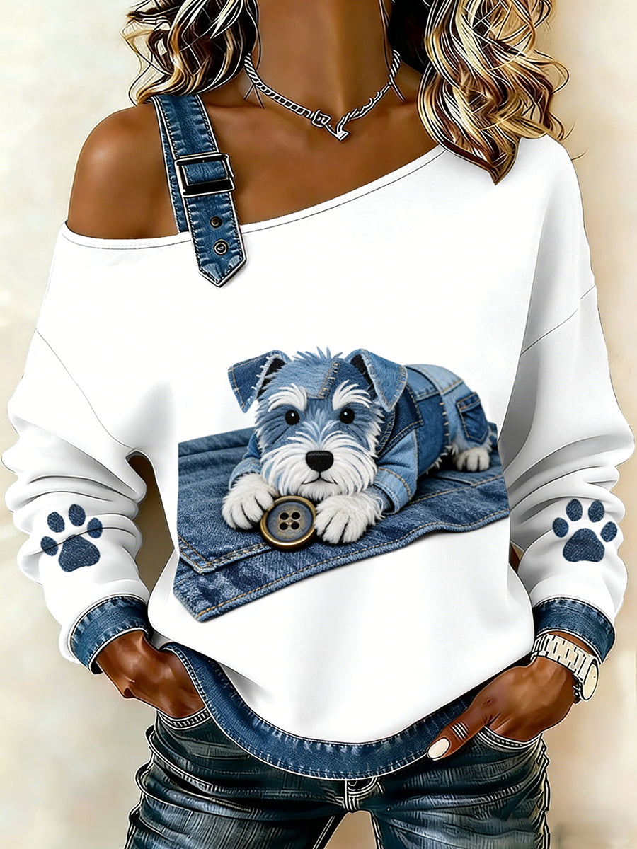 Damski uroczy nadruk zwierzęcy jeansowy patchwork wygodny top