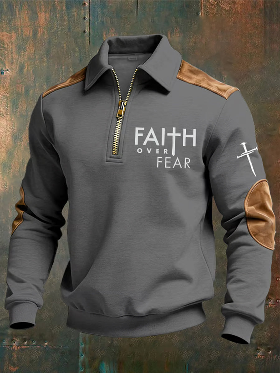Męska bluza z kołnierzem z napisem „ Christian Faith Over Fear ”z krzyżem i nadrukiem