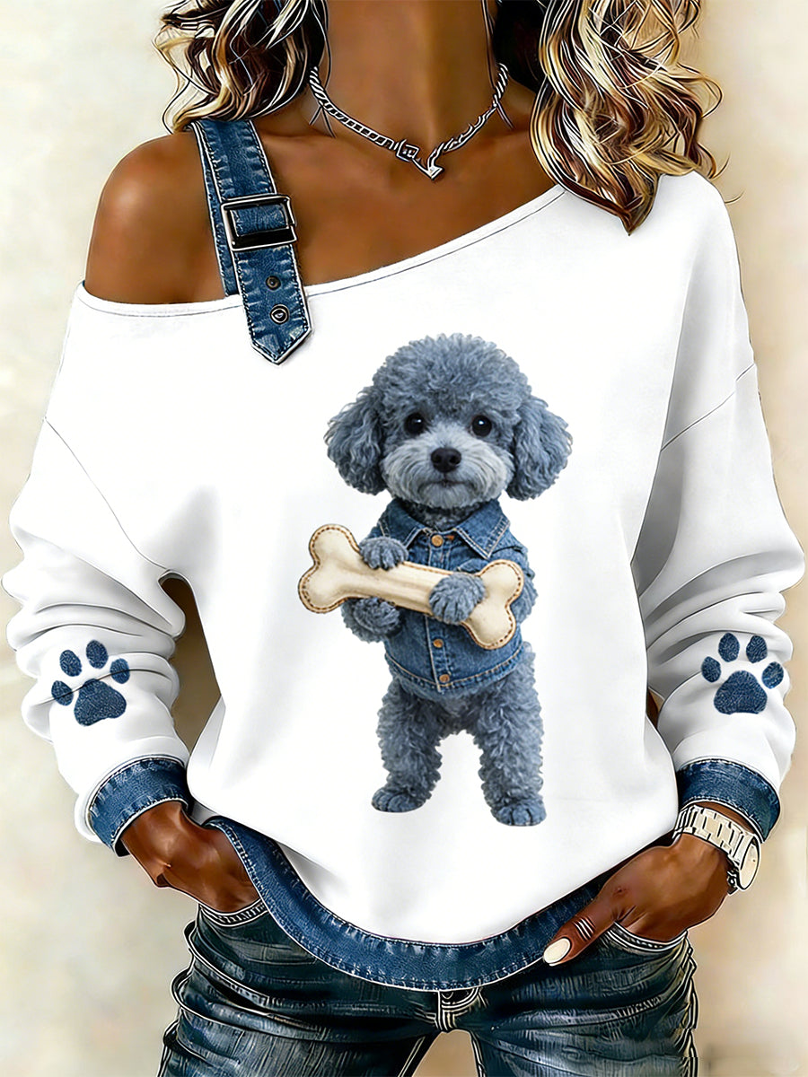 Damski uroczy nadruk zwierzęcy jeansowy patchwork wygodny top