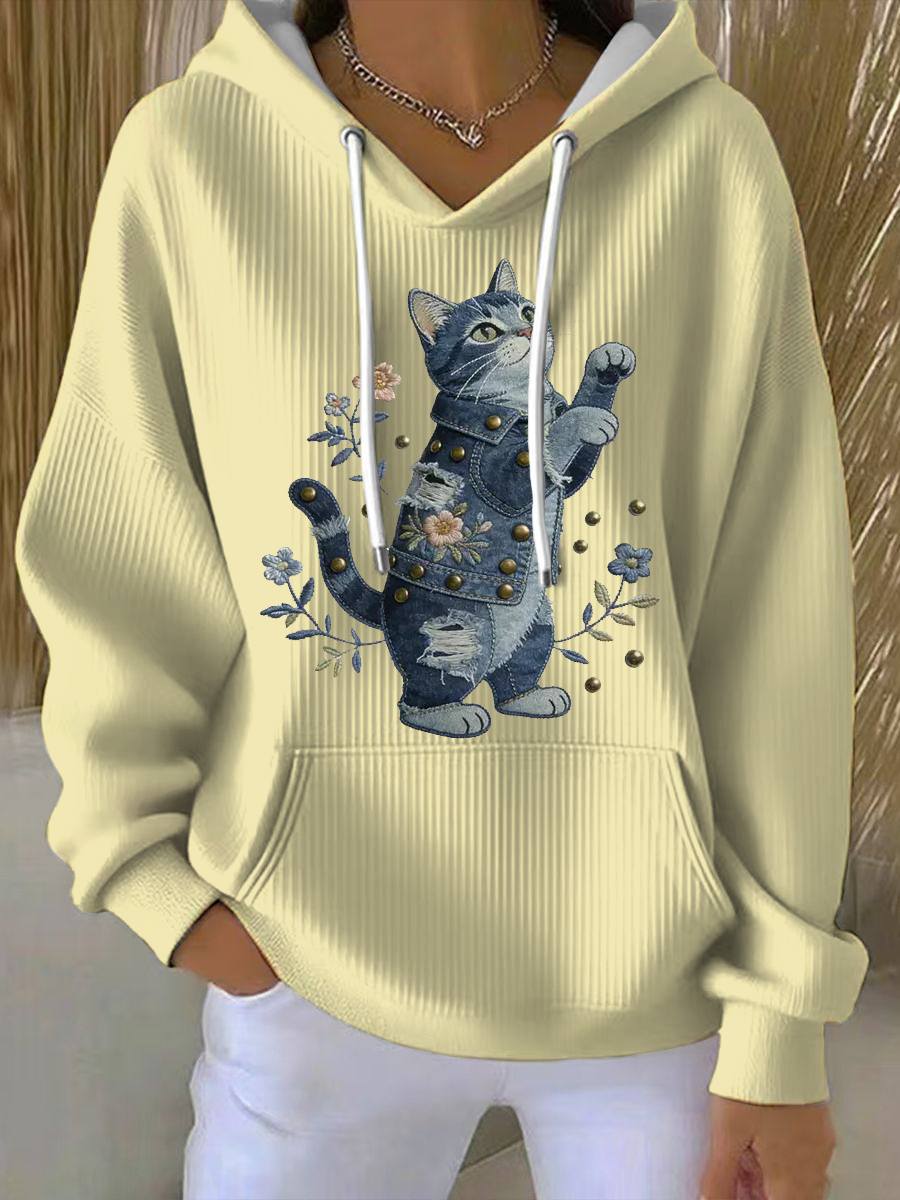 Damska bluza z kapturem w stylu vintage Cat Patchwork