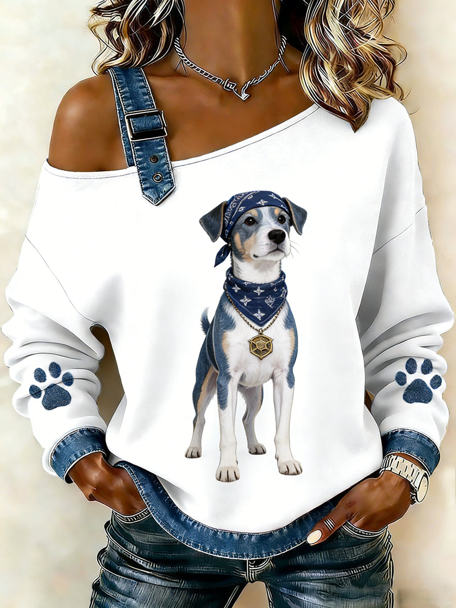 Damski uroczy nadruk zwierzęcy jeansowy patchwork wygodny top