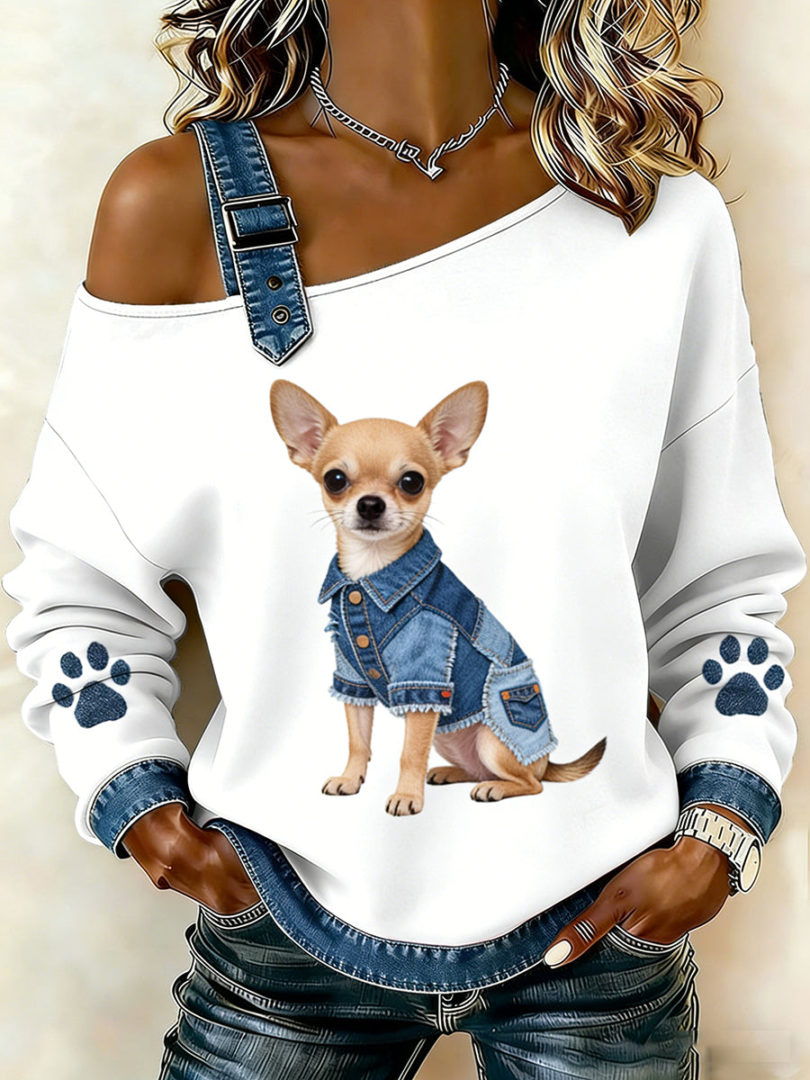 Damski uroczy nadruk zwierzęcy jeansowy patchwork wygodny top