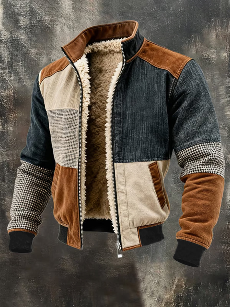 Męska kurtka retro patchwork ciepły zamek błyskawiczny Outdoor