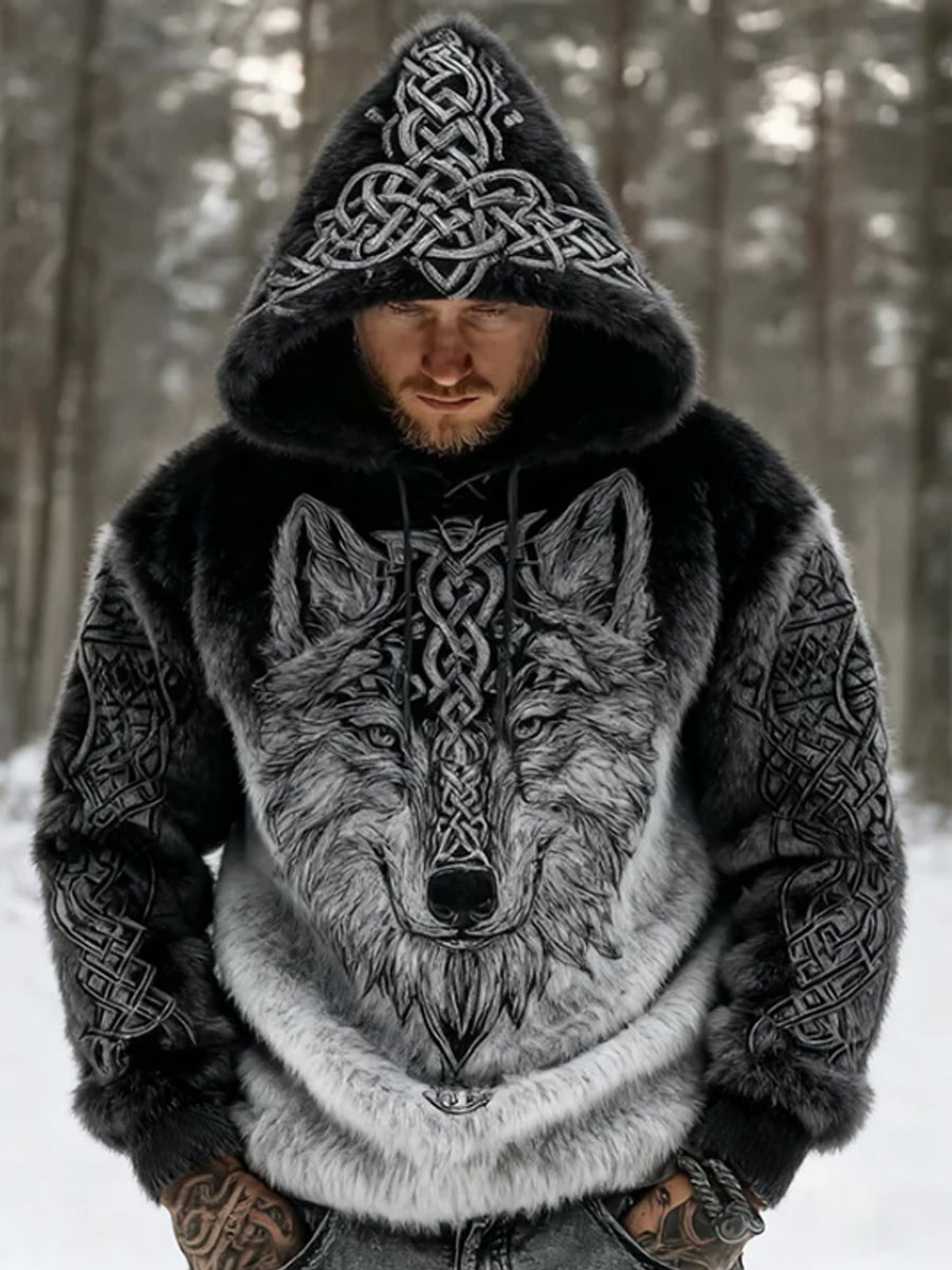 Męska Viking Wolf Celtic Art Flanela Przytulna ciepła bluza z kapturem