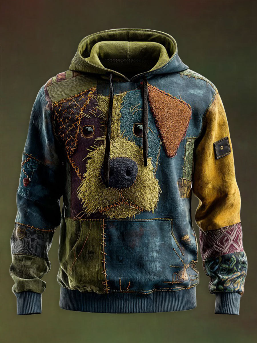 Vintage Patchwork Dog Print Art Casual Bluza z kapturem