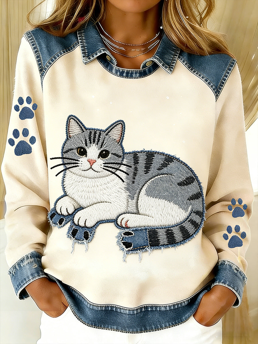 Damski Vintage Denim Patchwork Top z nadrukiem w stylu zwierzęcym, swobodny i wygodny