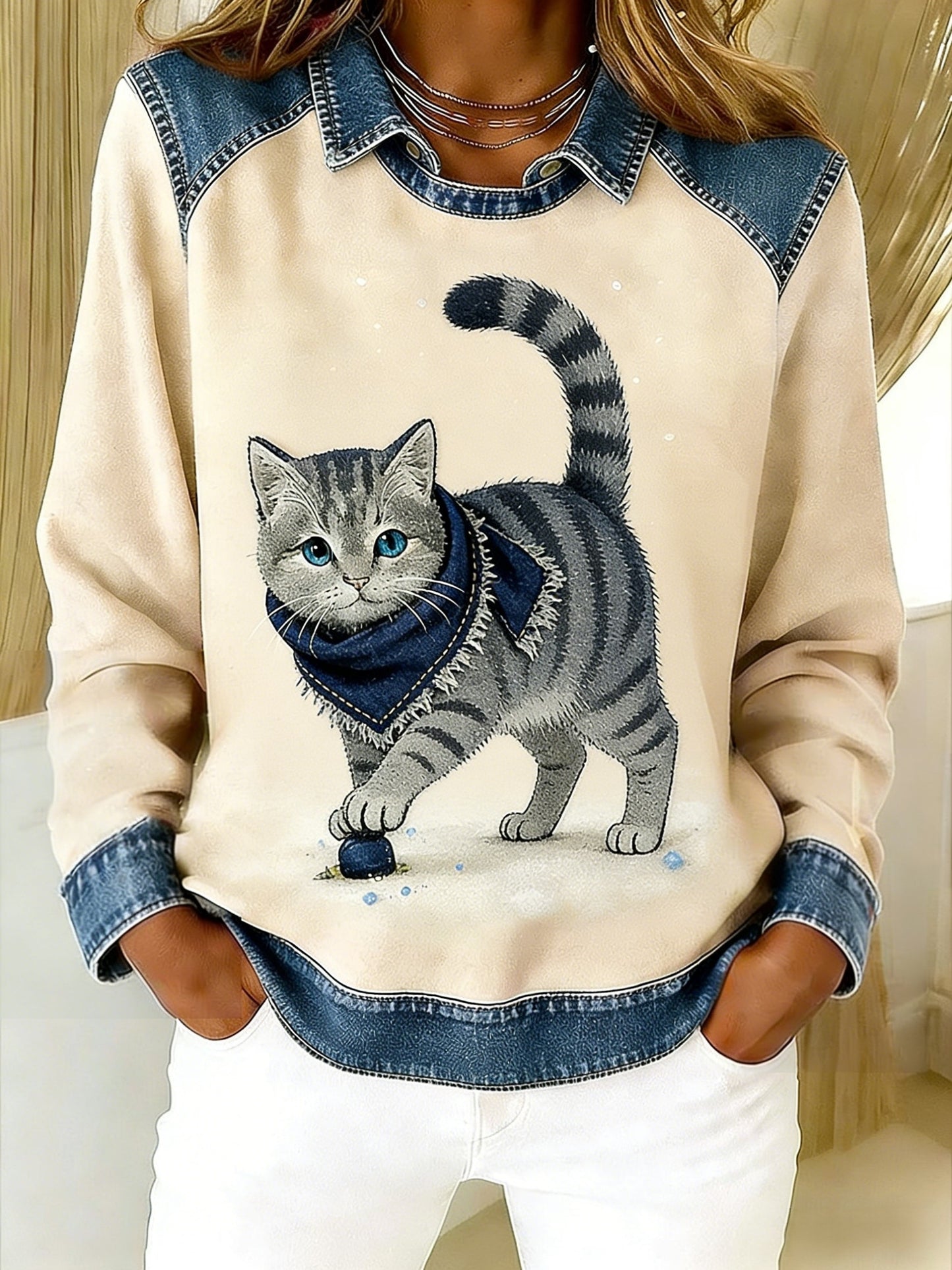 Retro uroczy szalik dla zwierząt, kot, jeansowy, patchwork, drukowany, luźna bluza z długim rękawem w klapie
