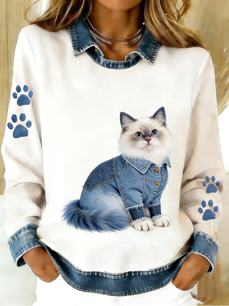 Damski Vintage Denim Patchwork Top z nadrukiem w stylu zwierzęcym, swobodny i wygodny