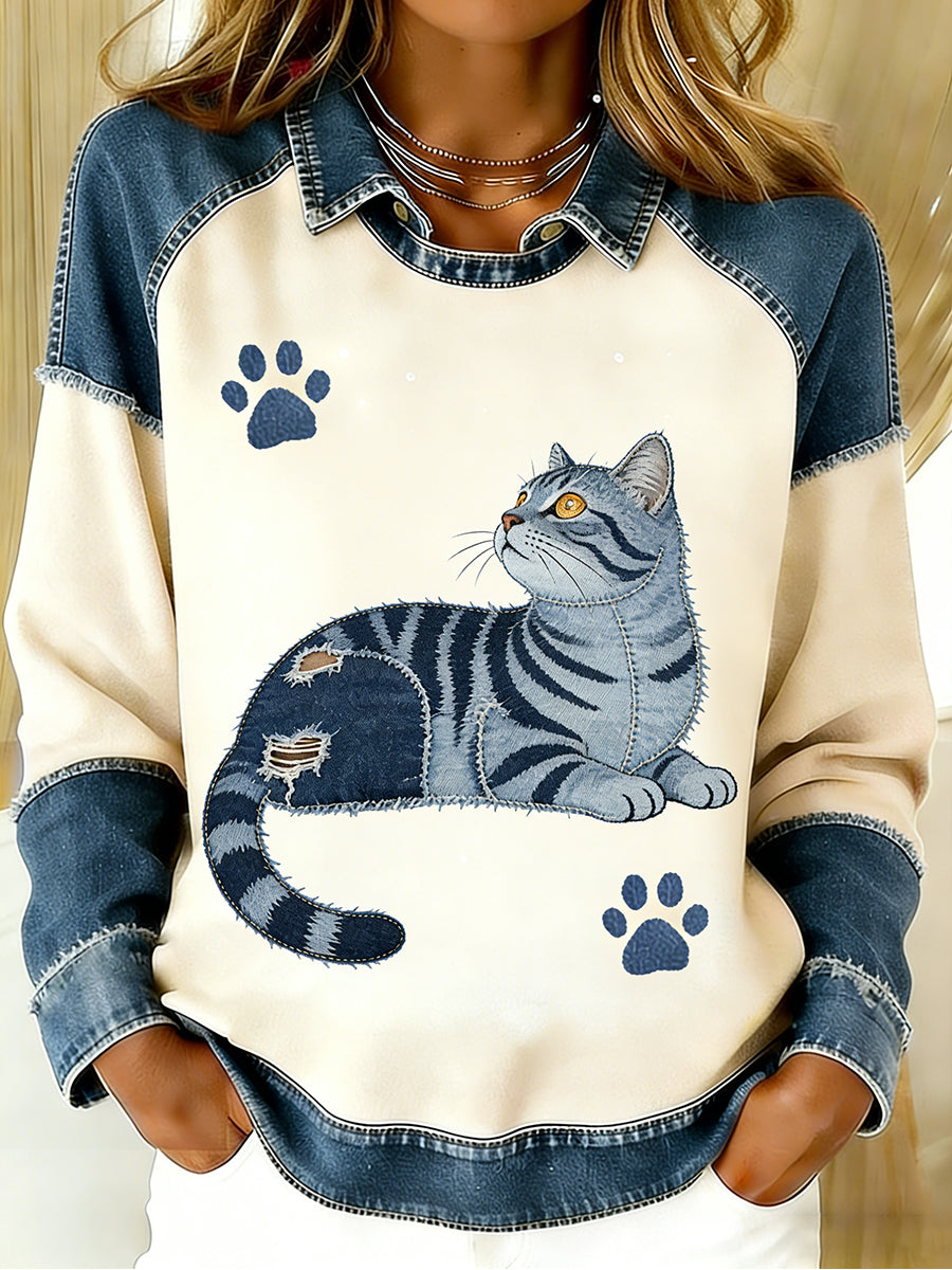 Damski Vintage Denim Patchwork Top z nadrukiem w stylu zwierzęcym, swobodny i wygodny