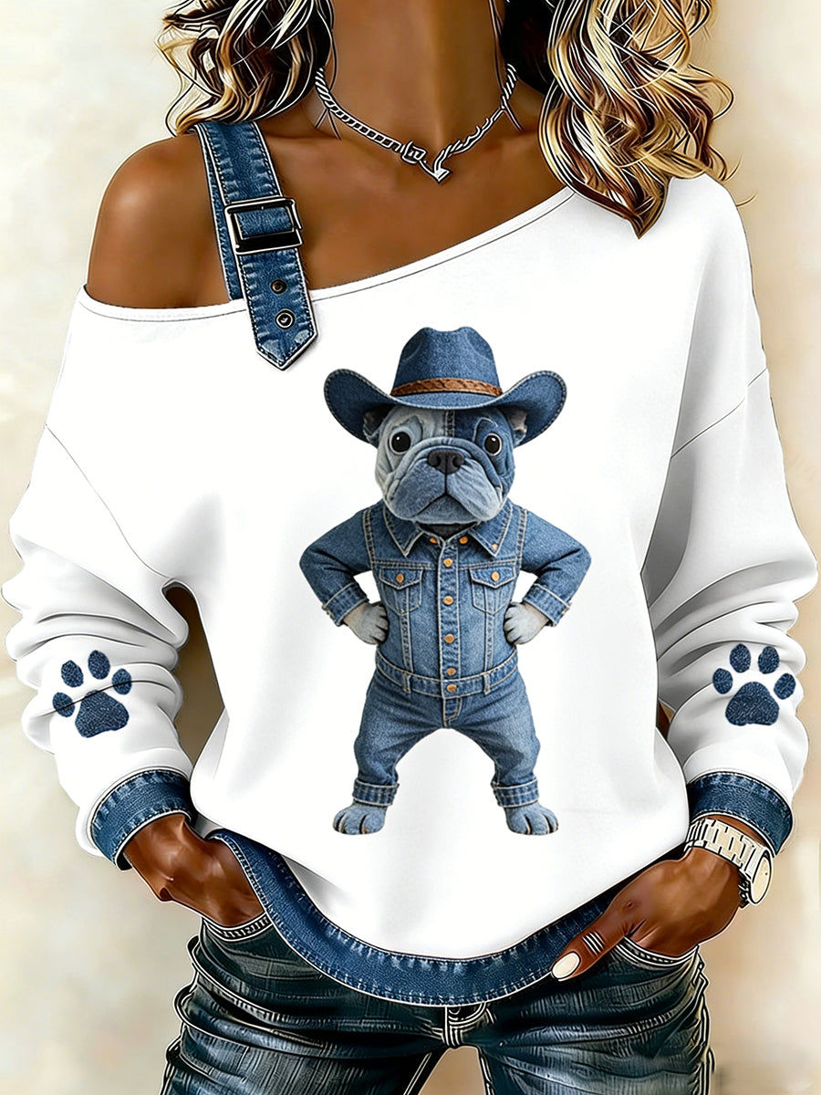 Damski uroczy nadruk zwierzęcy jeansowy patchwork wygodny top