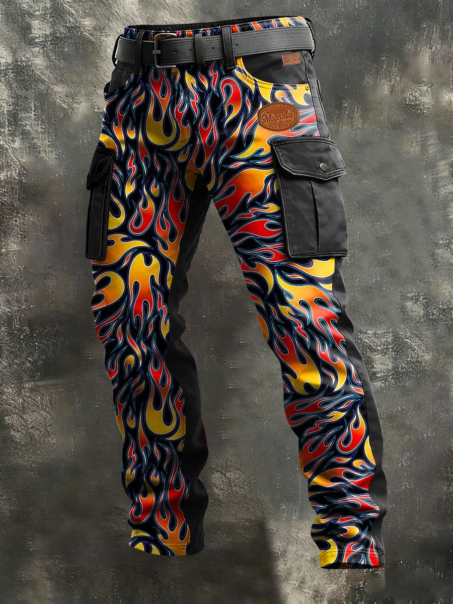 Męskie spodnie robocze w stylu biznesowym z nadrukiem płomiennym Retro Art na co dzień