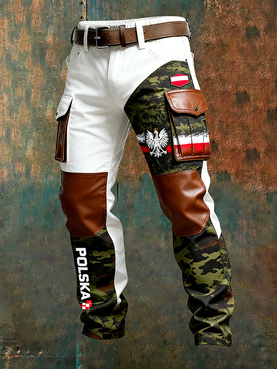 Męskie polskie spodnie robocze w stylu retro z nadrukiem artystycznym