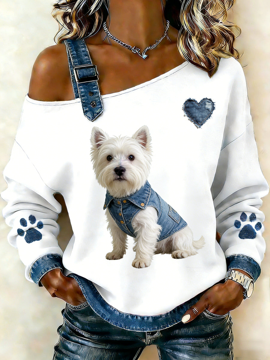 Damski uroczy nadruk zwierzęcy jeansowy patchwork wygodny top