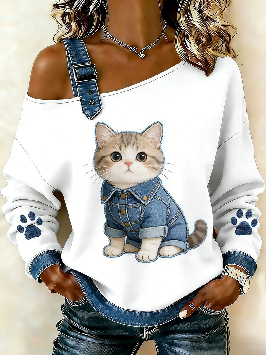 Damski uroczy nadruk zwierzęcy jeansowy patchwork wygodny top