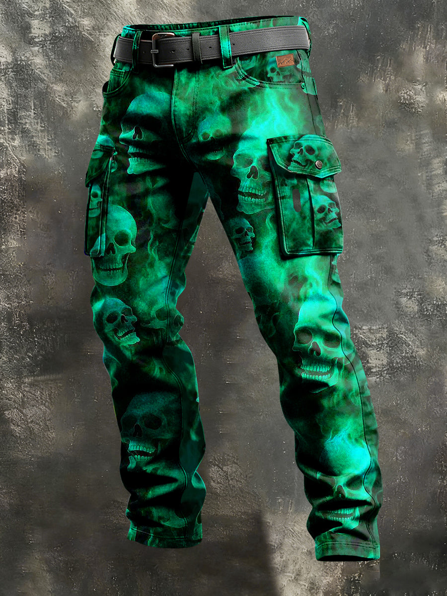 Męskie Retro Wakacje Biznesowe Flame Skull Art Nadruk Spodnie Odzież Robocza