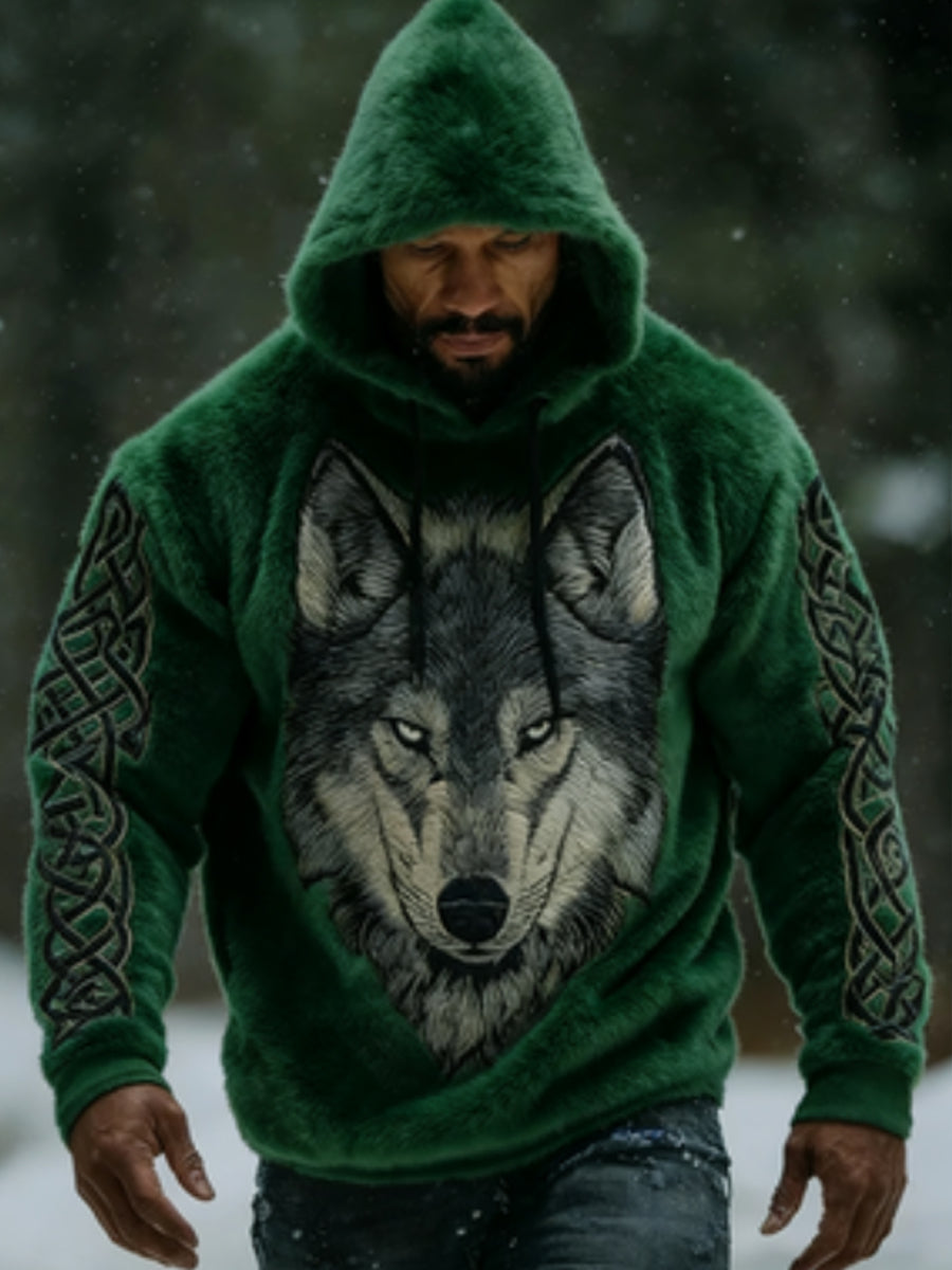 Męska Viking Vintage Wolf celtycka flanelowa ciepła bluza z kapturem