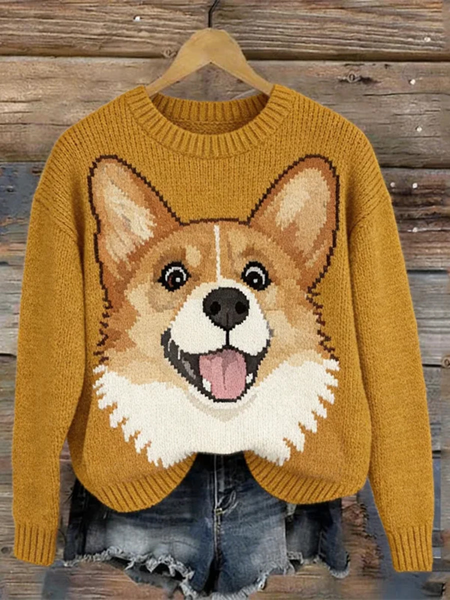 Piękny damski sweter z dzianiny dla psa Corgi