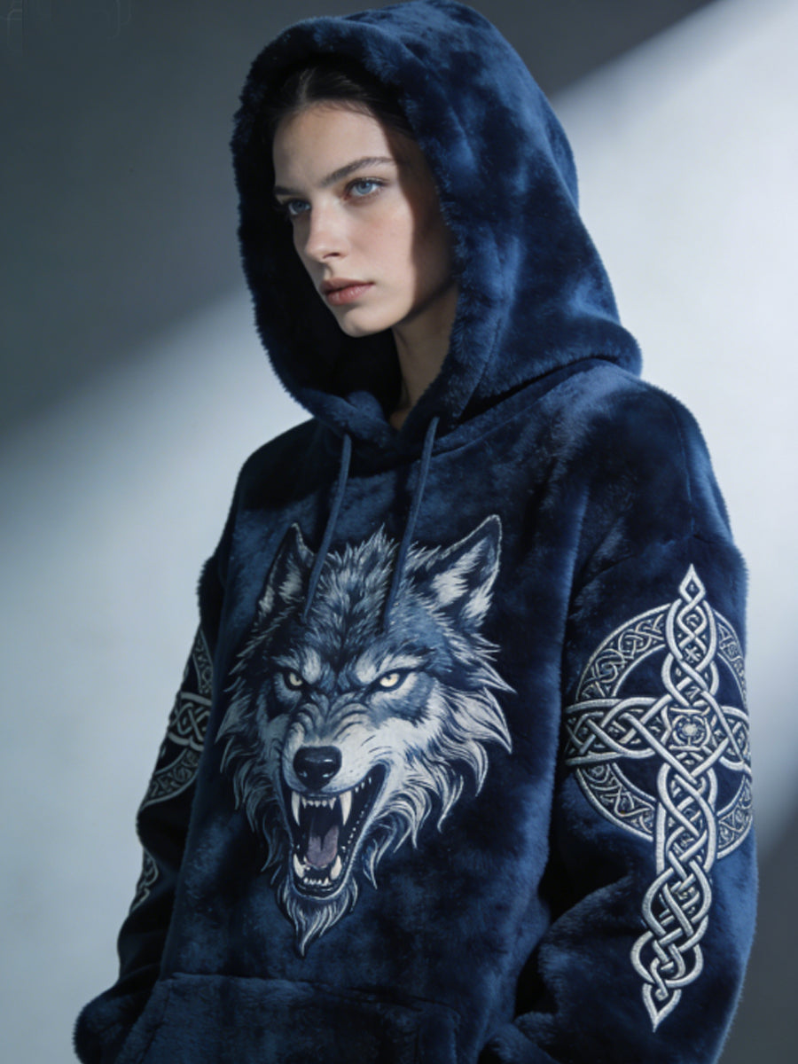 Damska Flanelowa bluza z kapturem w stylu celtyckiego wilka