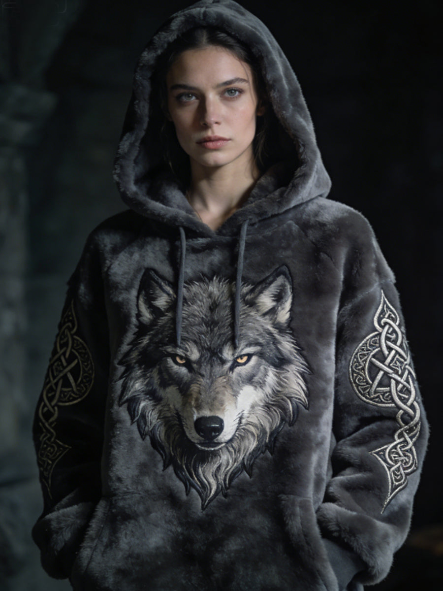 Damska Flanelowa bluza z kapturem w stylu celtyckiego wilka