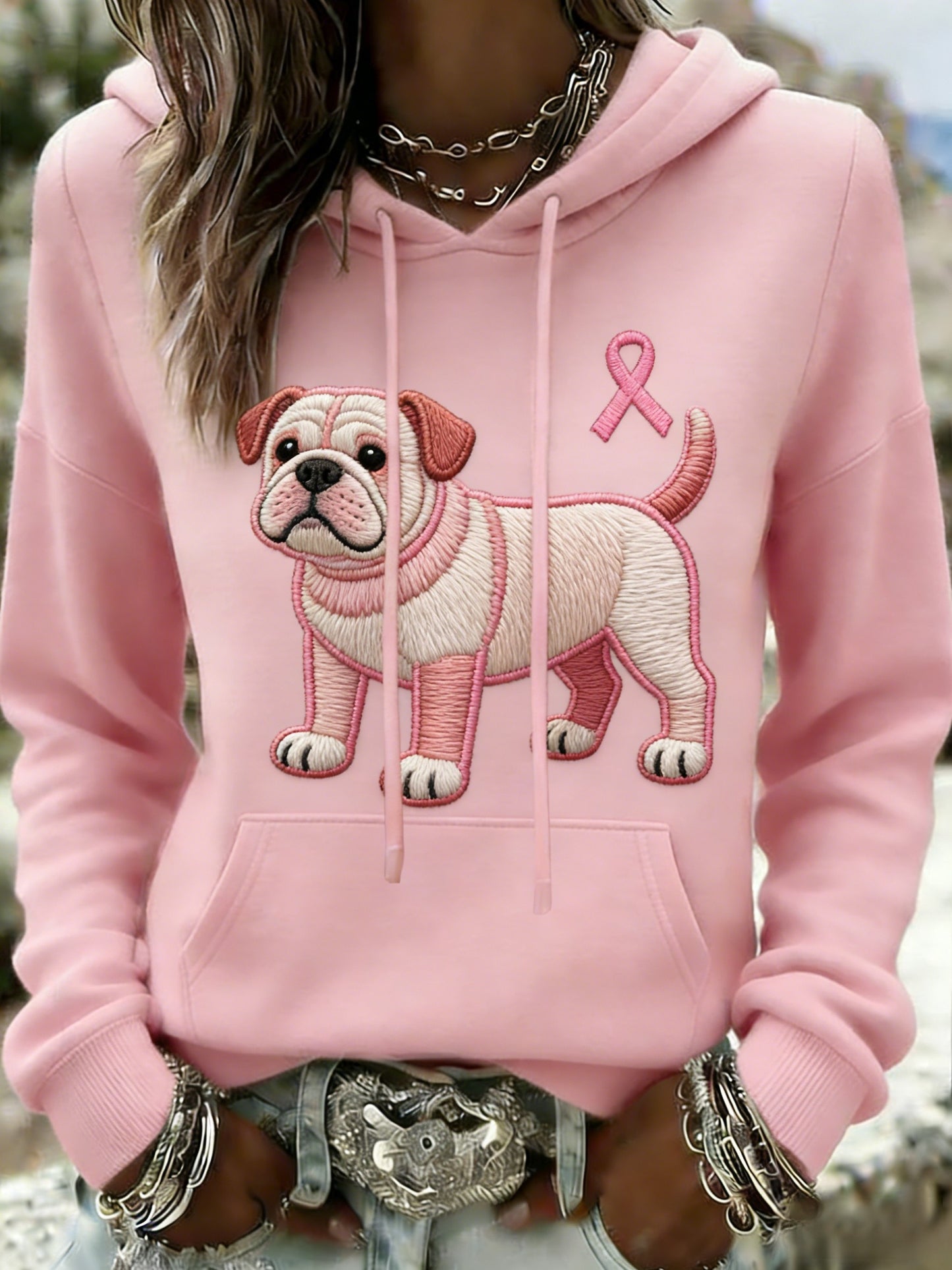 Damska retro Bulldog świadomość raka piersi Casual Bluza z kapturem