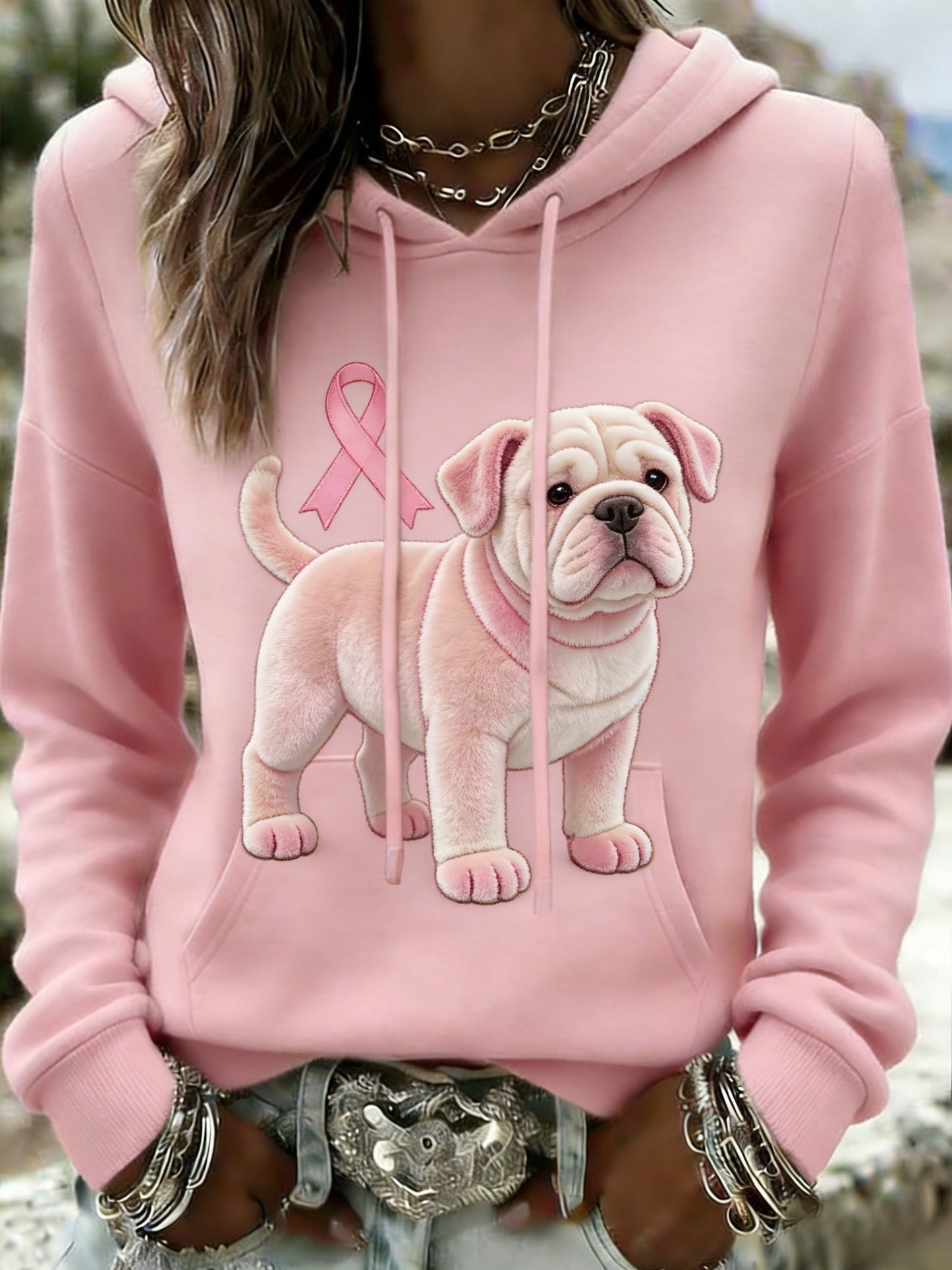 Damska retro Bulldog świadomość raka piersi Casual Bluza z kapturem