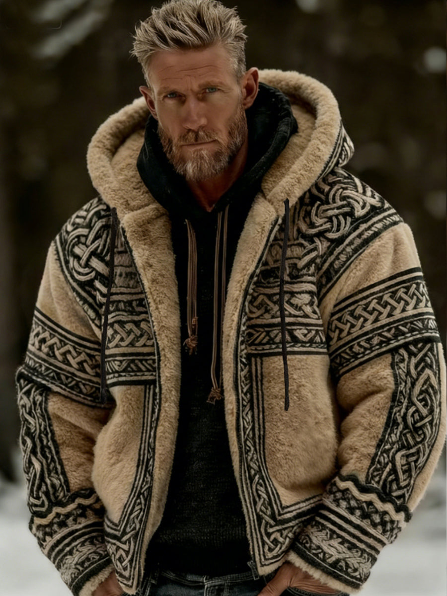 Męska pluszowa kurtka flanelowa z kapturem Viking Celtic Art, przytulna, ciepła, zapinana na zamek