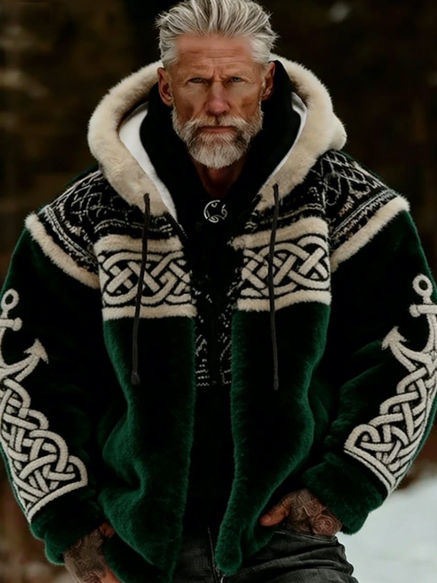 Męska pluszowa pluszowa kurtka z kapturem Viking Celtic Art Przytulna ciepła zapinana na zamek