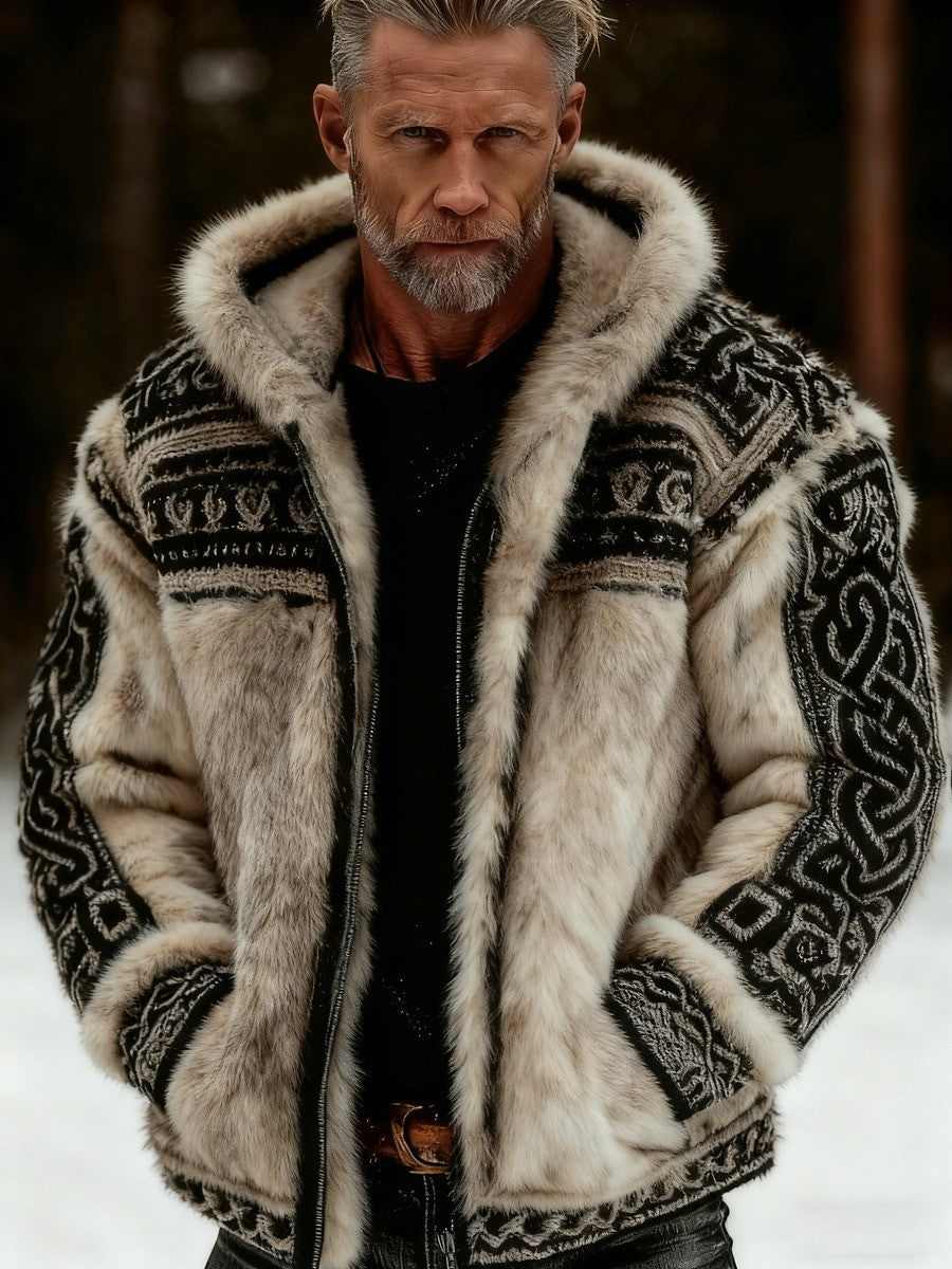 Męska kurtka z kapturem w stylu vintage Viking celtycki knot flanelowy zamek błyskawiczny