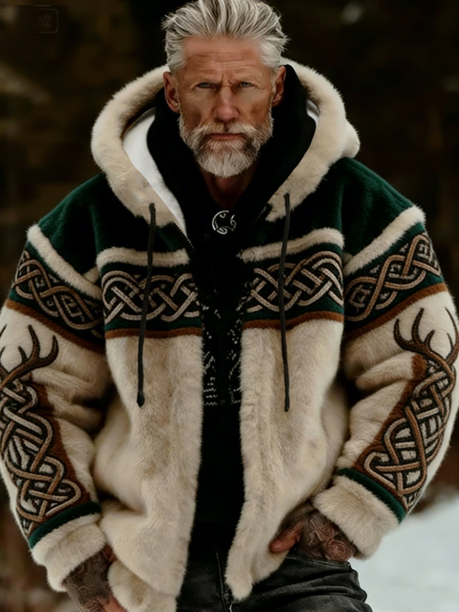 Męska pluszowa pluszowa kurtka z kapturem Viking Celtic Art Przytulna ciepła zapinana na zamek