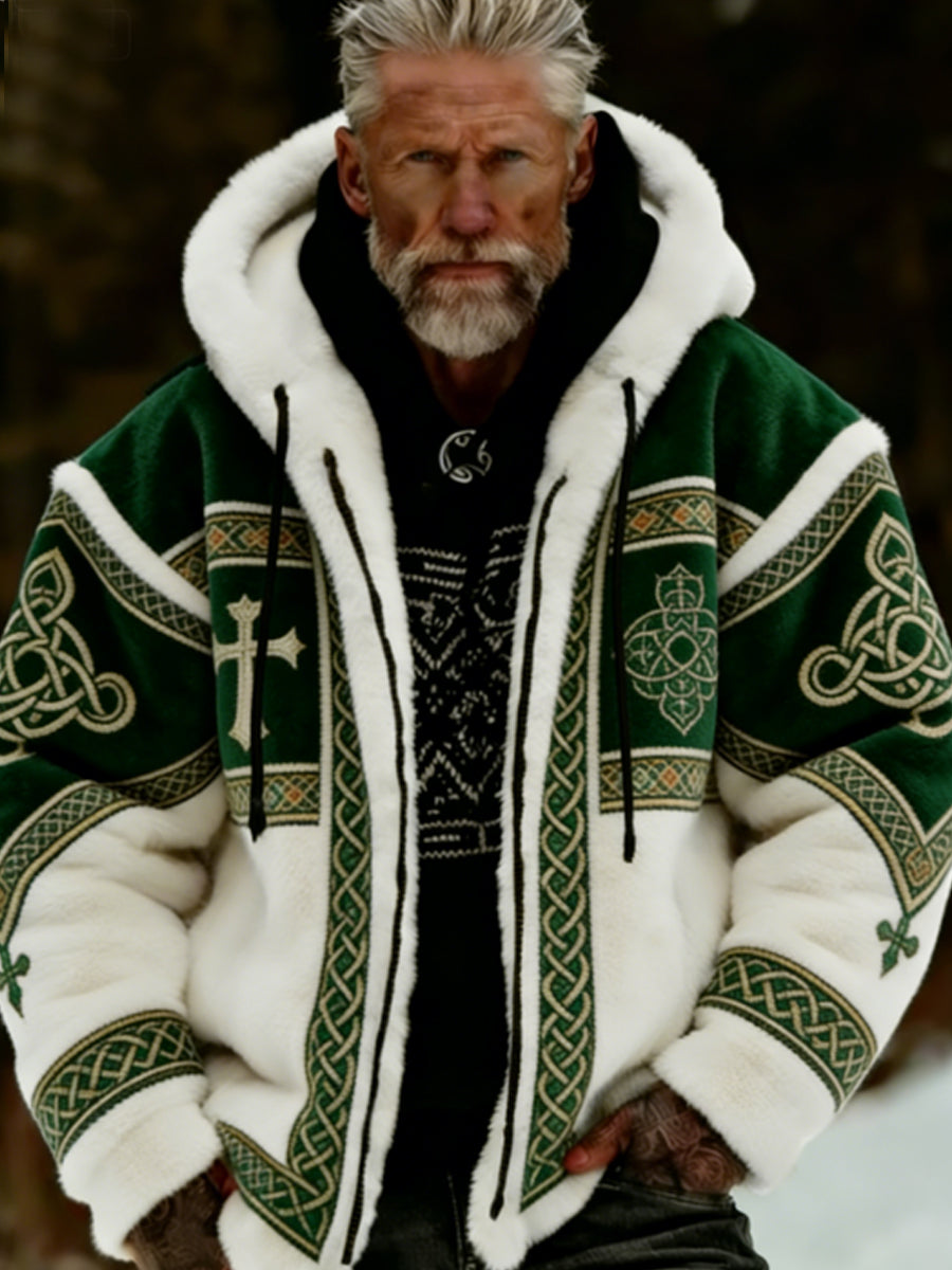 Męska pluszowa pluszowa kurtka z kapturem Viking Celtic Art Przytulna ciepła zapinana na zamek