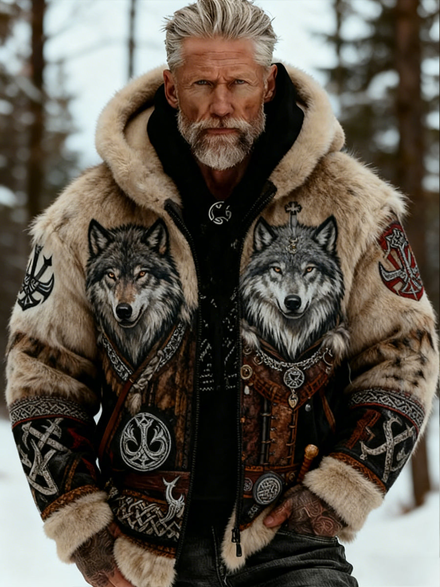 Męskie Retro Viking Wolf Totem Flanelowa ciepła bluza z kapturem w stylu celtyckim