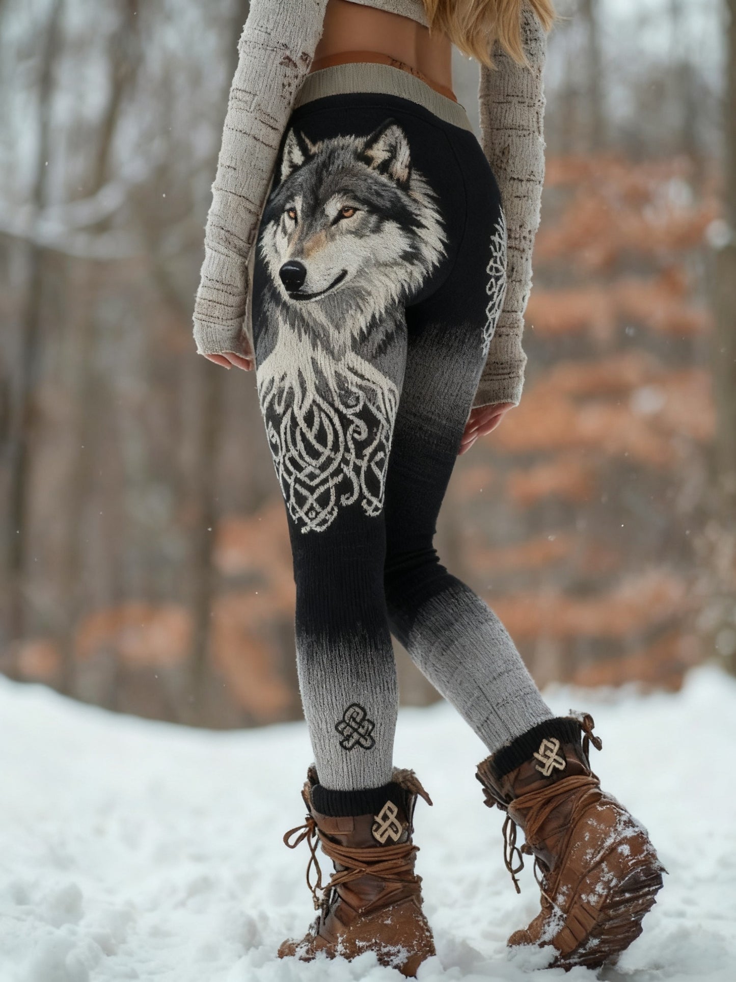 Damskie Retro Viking Wolf Celtic Knot Drzewo Życia Sportowe Stretch Legginsy